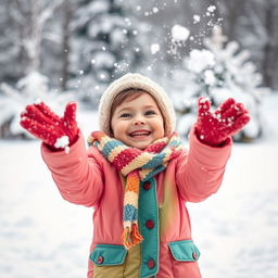 A joyful winter scene featuring a child joyfully throwing snow in the air, surrounded by a snowy landscape