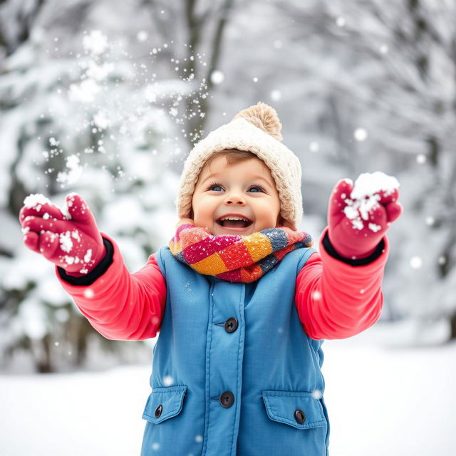 A joyful winter scene featuring a child joyfully throwing snow in the air, surrounded by a snowy landscape