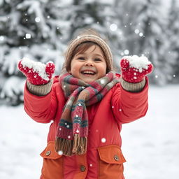 A joyful winter scene featuring a child joyfully throwing snow in the air, surrounded by a snowy landscape