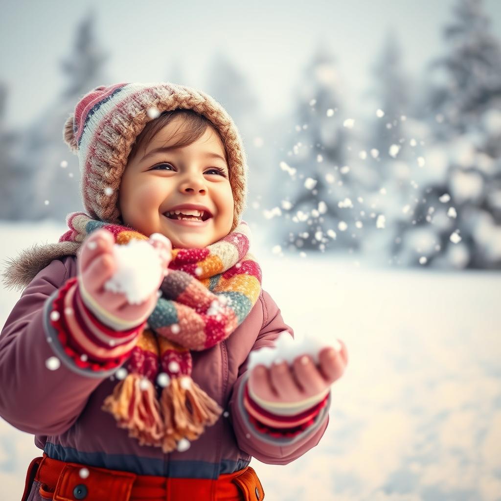 A joyful winter scene featuring a child joyfully throwing snow in the air, surrounded by a snowy landscape