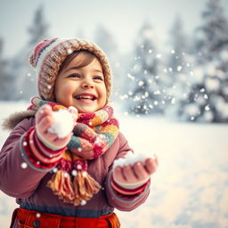 A joyful winter scene featuring a child joyfully throwing snow in the air, surrounded by a snowy landscape