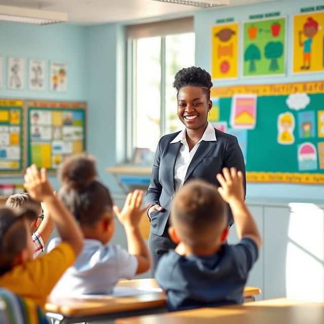 A black teacher standing in a bright, colorful classroom filled with educational posters and diverse student artwork on the walls