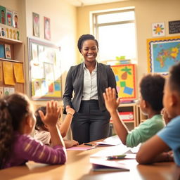 A black teacher standing in a bright, colorful classroom filled with educational posters and diverse student artwork on the walls