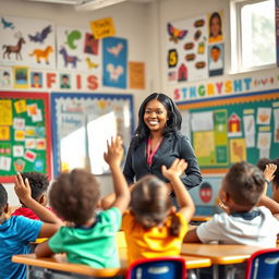 A black teacher standing in a bright, colorful classroom filled with educational posters and diverse student artwork on the walls