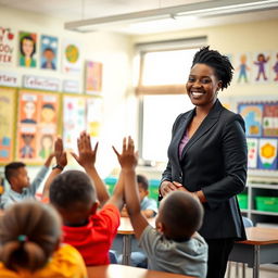 A black teacher standing in a bright, colorful classroom filled with educational posters and diverse student artwork on the walls