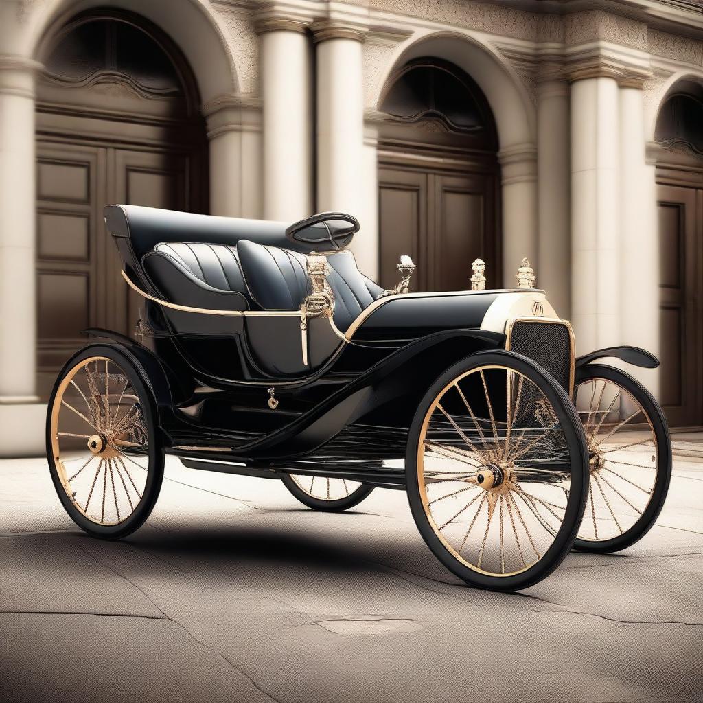 A high-quality digital rendering of a vintage, carriage-style vehicle, styled with features reminiscent of Bugatti's design ethos