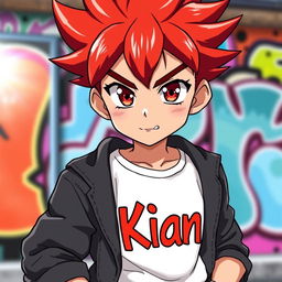 An anime boy with fiery red hair styled in a cool, spiky fashion, showcasing vibrant red eyes filled with determination