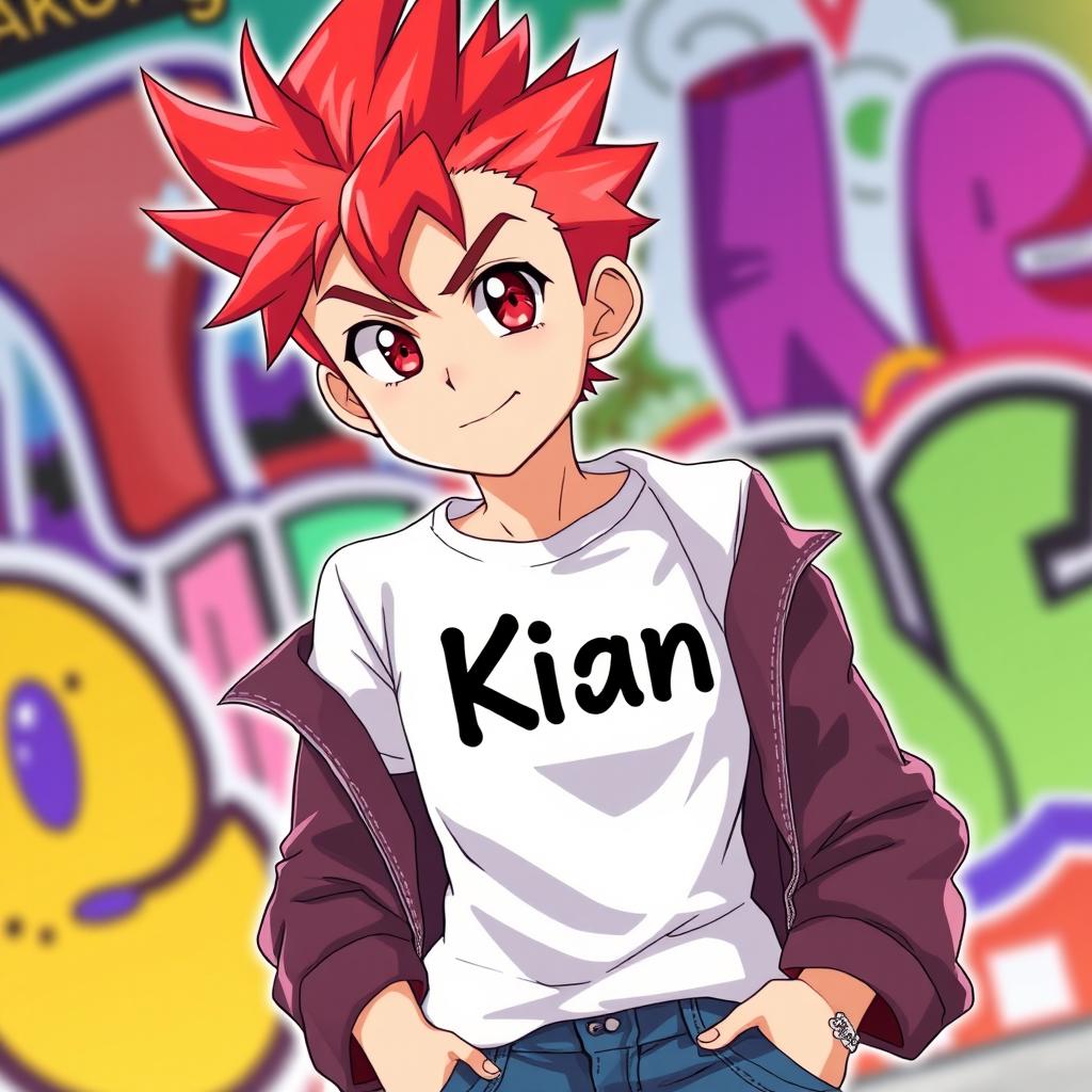 An anime boy with fiery red hair styled in a cool, spiky fashion, showcasing vibrant red eyes filled with determination