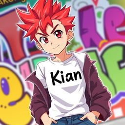 An anime boy with fiery red hair styled in a cool, spiky fashion, showcasing vibrant red eyes filled with determination