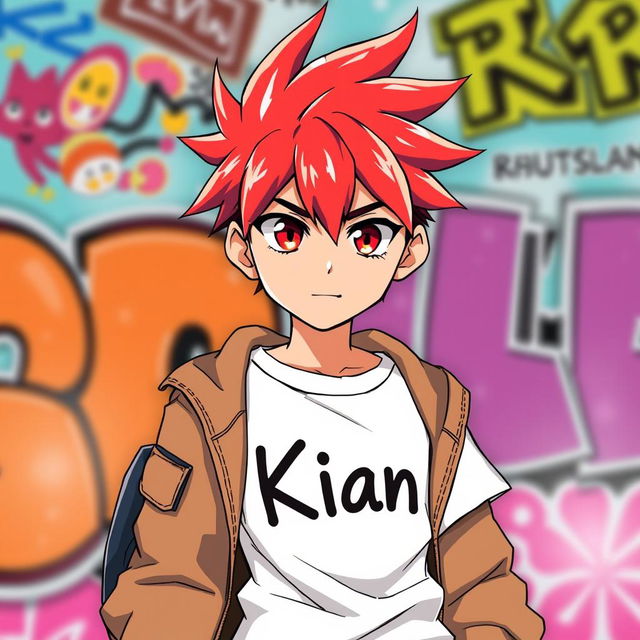 An anime boy with fiery red hair styled in a cool, spiky fashion, showcasing vibrant red eyes filled with determination