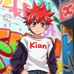 An anime boy with fiery red hair styled in a cool, spiky fashion, showcasing vibrant red eyes filled with determination