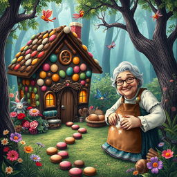 A whimsical scene featuring a chocolate house nestled in a vibrant, enchanted forest