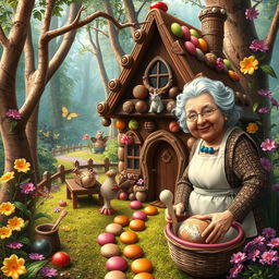 A whimsical scene featuring a chocolate house nestled in a vibrant, enchanted forest