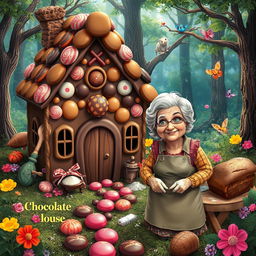 A whimsical scene featuring a chocolate house nestled in a vibrant, enchanted forest
