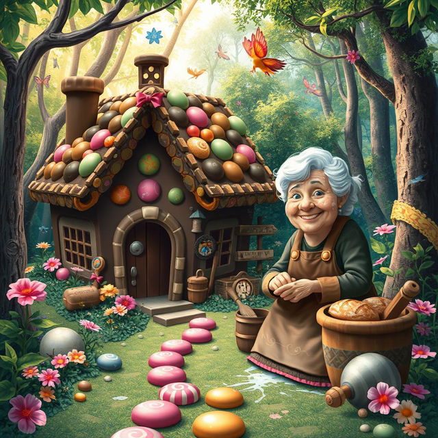 A whimsical scene featuring a chocolate house nestled in a vibrant, enchanted forest