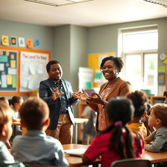 An ebony teacher in a dynamic classroom setting, happily interacting with a diverse group of students