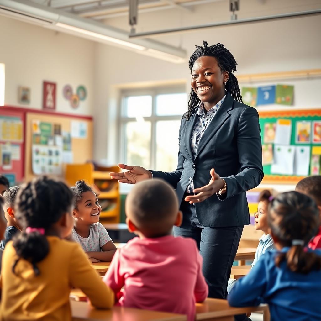 An ebony teacher in a dynamic classroom setting, happily interacting with a diverse group of students