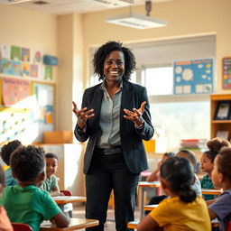 An ebony teacher in a dynamic classroom setting, happily interacting with a diverse group of students