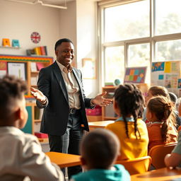 An ebony teacher in a dynamic classroom setting, happily interacting with a diverse group of students