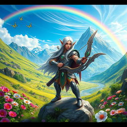 A vibrant fantasy landscape featuring a lush green valley filled with blooming flowers and a majestic mountain range in the background