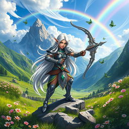 A vibrant fantasy landscape featuring a lush green valley filled with blooming flowers and a majestic mountain range in the background