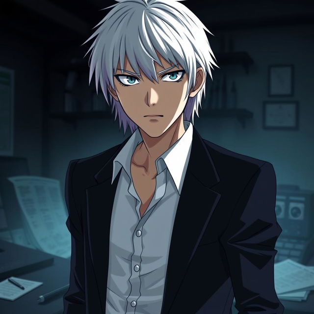 An adult version of Nate River, also known as Near from Death Note, depicted with an intense gaze and a serious demeanor