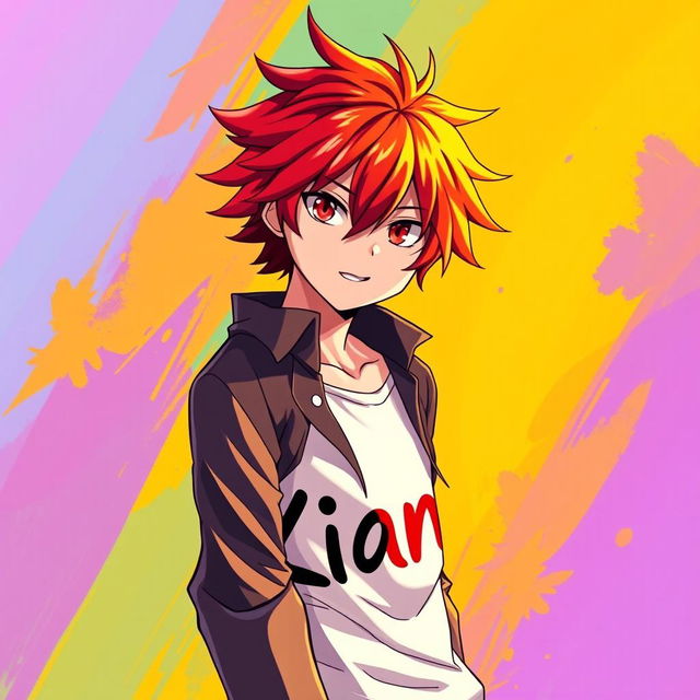 An anime boy with vibrant red hair and striking red eyes