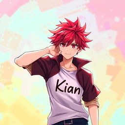 An anime boy with vibrant red hair and striking red eyes