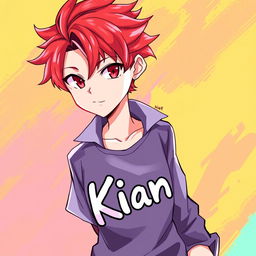 An anime boy with vibrant red hair and striking red eyes