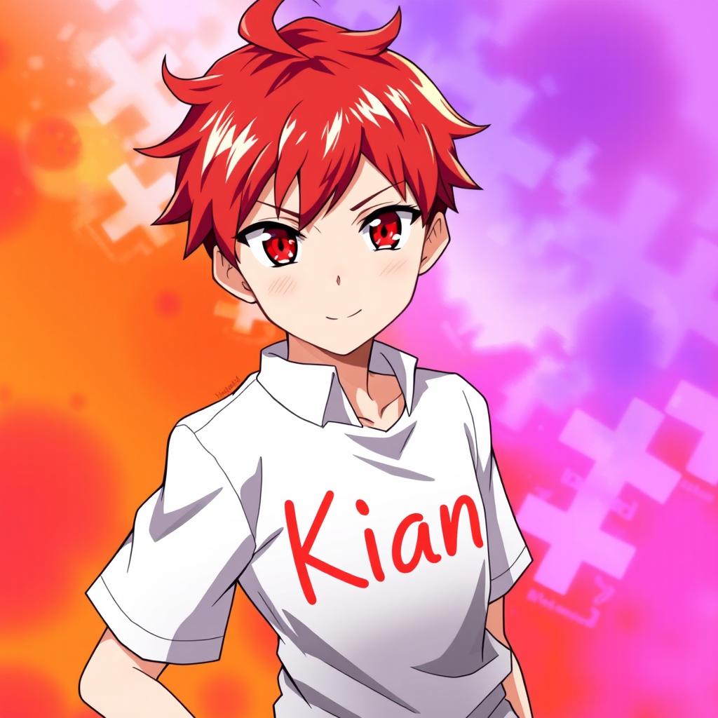 An anime boy with vibrant red hair and striking red eyes