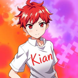 An anime boy with vibrant red hair and striking red eyes
