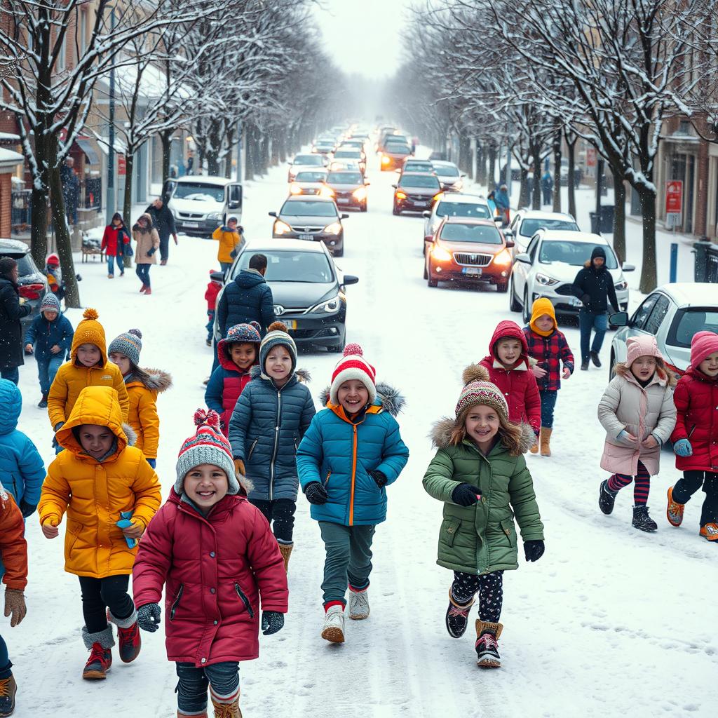 A bustling winter scene depicting children joyfully walking to school on a snowy morning