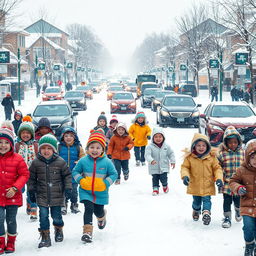 A bustling winter scene depicting children joyfully walking to school on a snowy morning