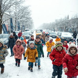 A bustling winter scene depicting children joyfully walking to school on a snowy morning