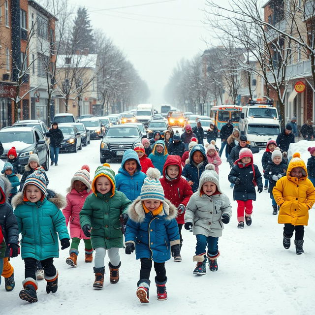 A bustling winter scene depicting children joyfully walking to school on a snowy morning