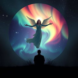 A cosmic themed circular background featuring vibrant auroras and sparkling stars, set in a sweeping winter sky