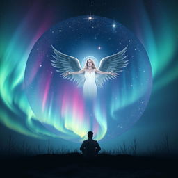 A cosmic themed circular background featuring vibrant auroras and sparkling stars, set in a sweeping winter sky