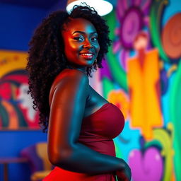 A stunningly beautiful view of an ebony woman with a curvy figure, highlighting her shapely silhouette in elegant fashion