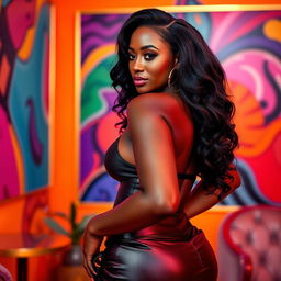 A stunningly beautiful view of an ebony woman with a curvy figure, highlighting her shapely silhouette in elegant fashion
