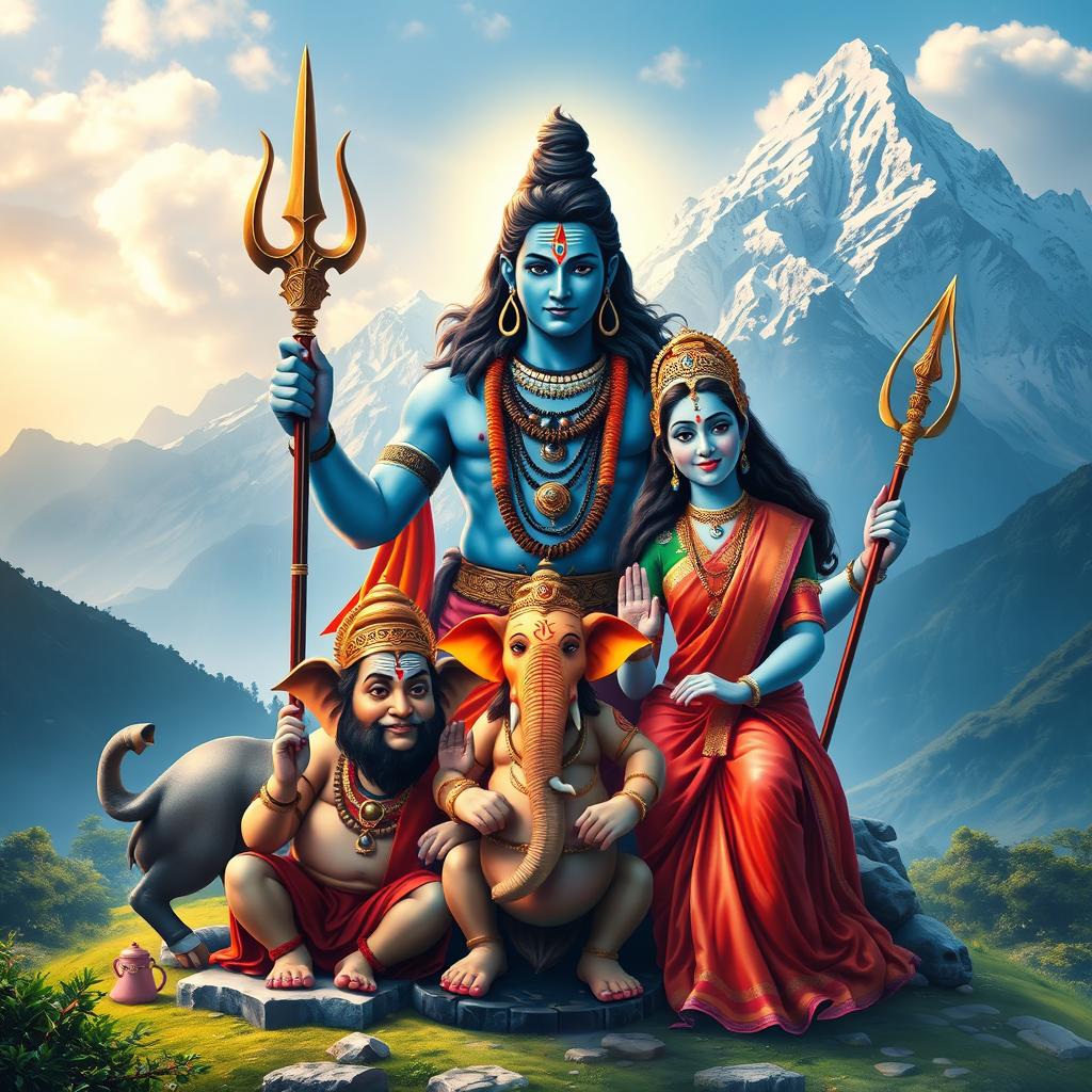 A majestic depiction of Lord Shiva surrounded by his entire family, including Goddess Parvati, their children Ganesha and Kartikeya, and the sacred Nandi bull