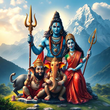 A majestic depiction of Lord Shiva surrounded by his entire family, including Goddess Parvati, their children Ganesha and Kartikeya, and the sacred Nandi bull