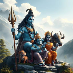 A majestic depiction of Lord Shiva surrounded by his entire family, including Goddess Parvati, their children Ganesha and Kartikeya, and the sacred Nandi bull