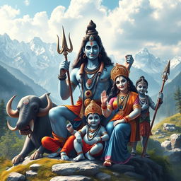 A majestic depiction of Lord Shiva surrounded by his entire family, including Goddess Parvati, their children Ganesha and Kartikeya, and the sacred Nandi bull