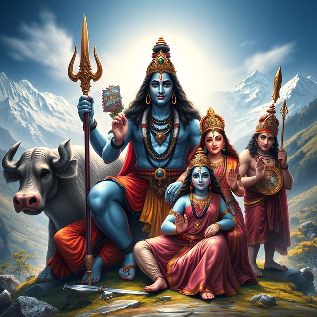 A majestic depiction of Lord Shiva surrounded by his entire family, including Goddess Parvati, their children Ganesha and Kartikeya, and the sacred Nandi bull