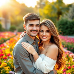A stunning portrait of a beautiful couple embracing in a picturesque setting