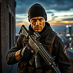 A covert agent in tactical gear, confidently holding an American sniper rifle