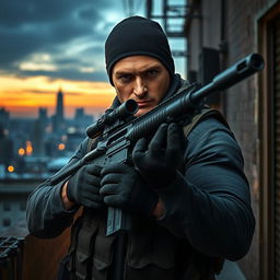 A covert agent in tactical gear, confidently holding an American sniper rifle