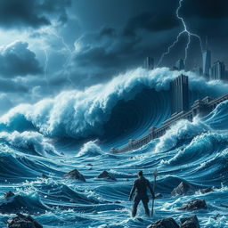 A cataclysmic tsunami engulfing a futuristic cityscape, showcasing destruction and chaos in a post-apocalyptic setting