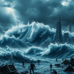 A cataclysmic tsunami engulfing a futuristic cityscape, showcasing destruction and chaos in a post-apocalyptic setting