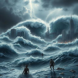 A cataclysmic tsunami engulfing a futuristic cityscape, showcasing destruction and chaos in a post-apocalyptic setting